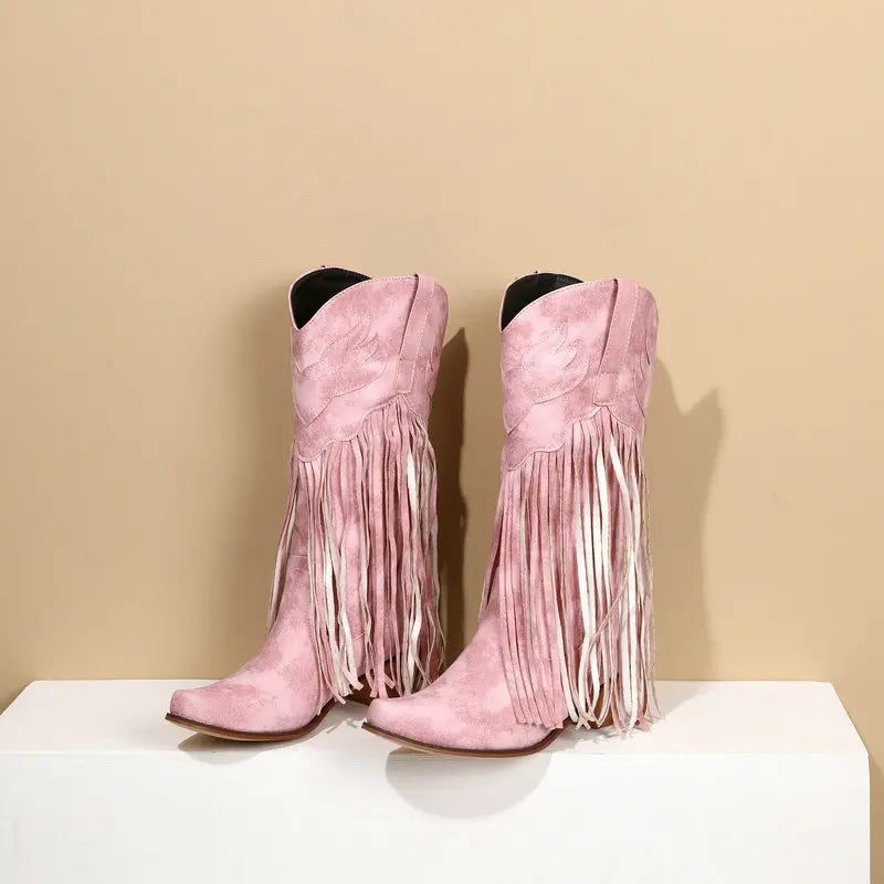 Retro Western Style Mid Calf Boots With Block Heel Tassels For Women