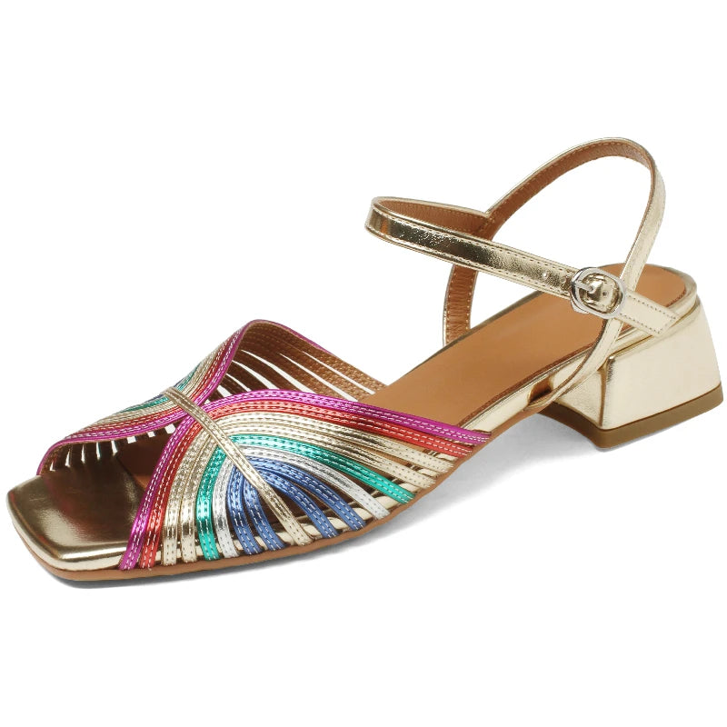 Leather Low Heel Peep Toe Sandals