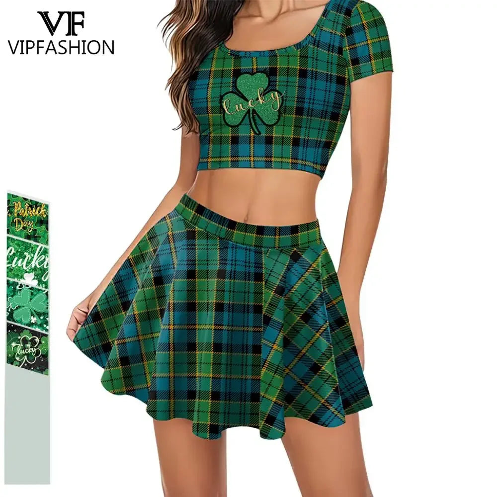 Festive Irish Green Shamrock Plaid Knit Skirt Set for Women