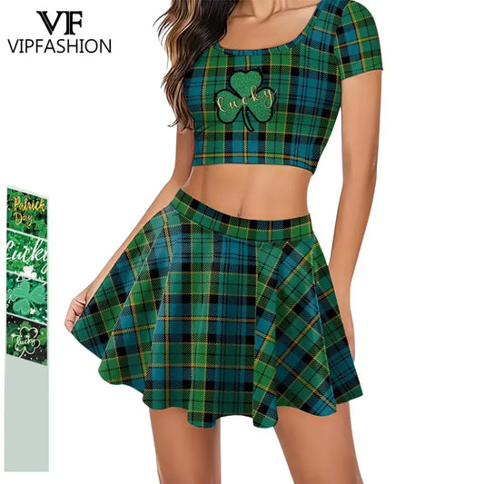 Green Shamrock Plaid Knit Skirt Set