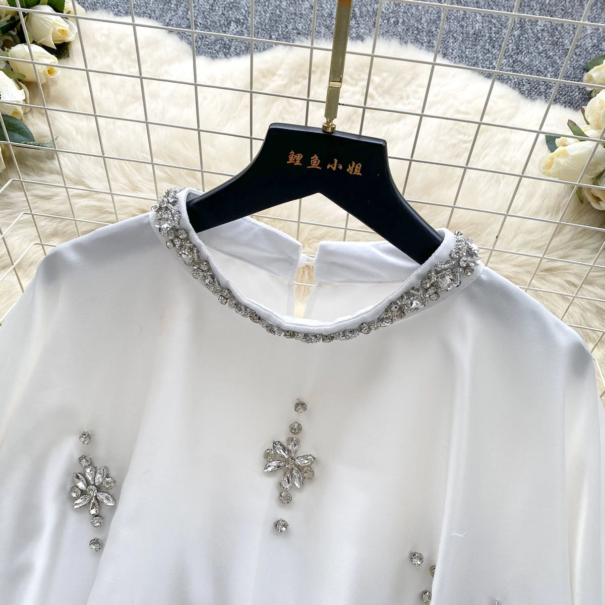 Elegant Beaded Satin Batwing Sleeve Blouse for Women