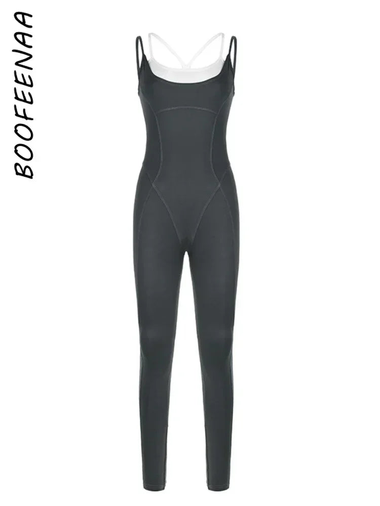 BOOFEENAA Patchwork Bodycon Halter Backless Jumpsuit Women Leggings Sports Yoga Clothes One Piece Outfits Active Wear C56-CI24