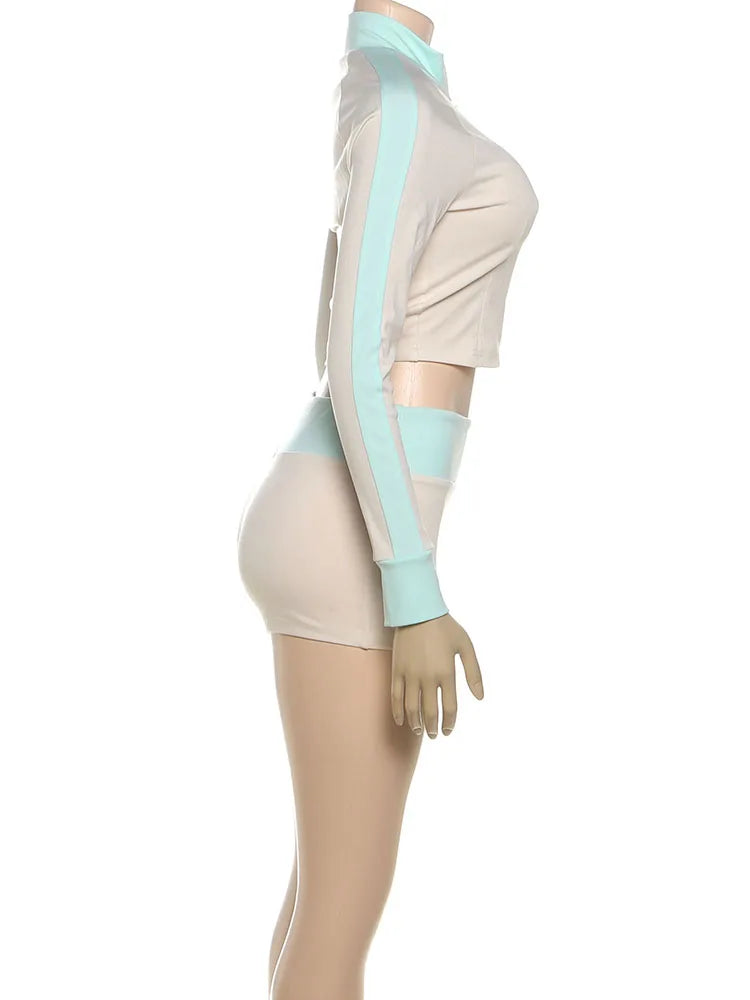 Sisterlinda Casual Sporty 2 Piece Set Women Letter Embroidery Zip Navel Exposed Jacket+Contrast Patchwork Shorts Simple Outfits