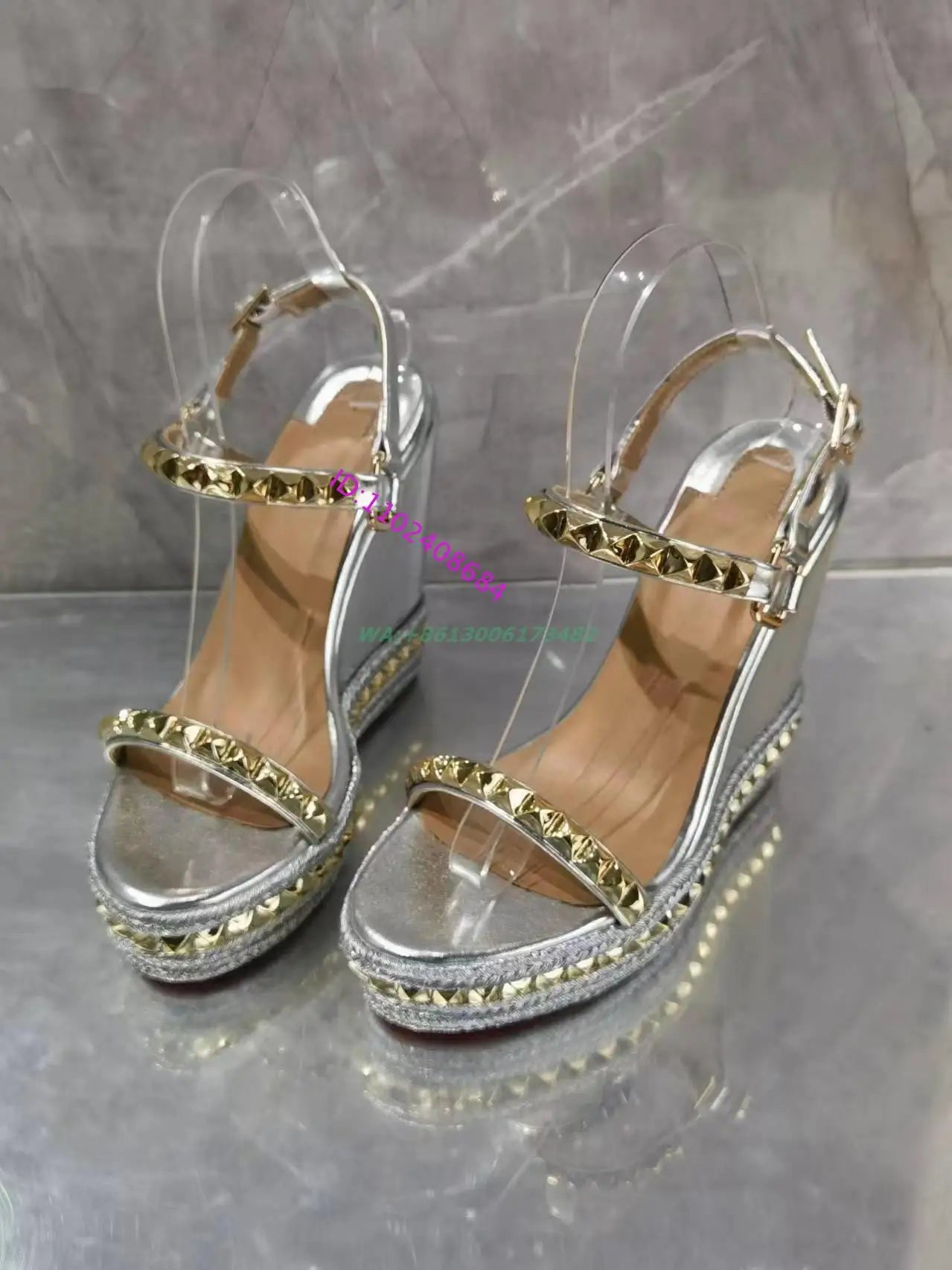 Design Women Summer Silver High Wedge Sandal Open Toe Gold Rivets Wedge Heel High Platform Slingback Buckle Strap Silver Sandal