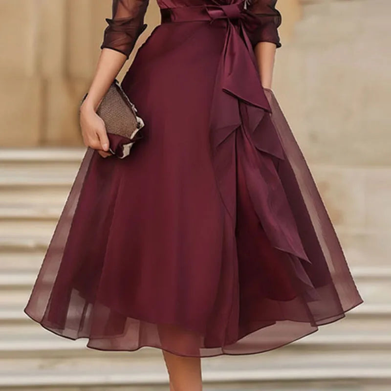 Satin A-Line Midi Dress With Sheer Sleeves for Women