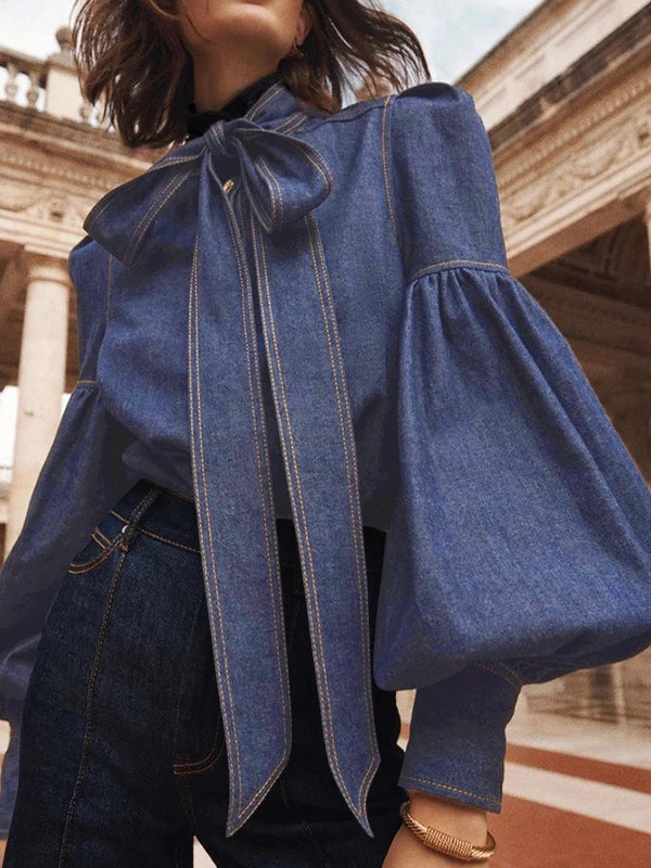 Gymystars Urban Imitation Denim Blouse Tops Women's Blouses&Shirts 2025 New Spring Long Sleeves Puff Sleeves Tied High Neck Clot