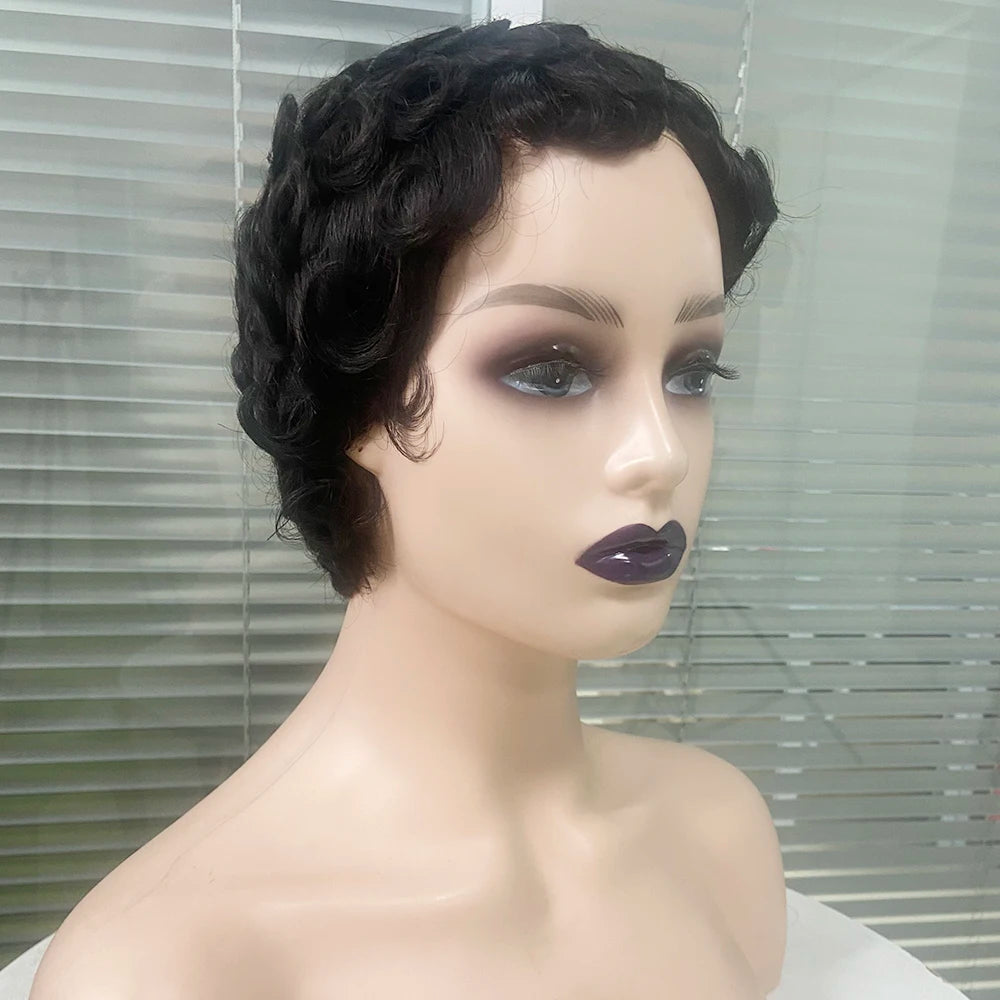 Short Curly Layered Pixie Cut Human Hair Wig for Women