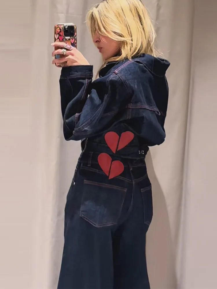 Chic Heart Print Denim Coat and Pants Set for Women