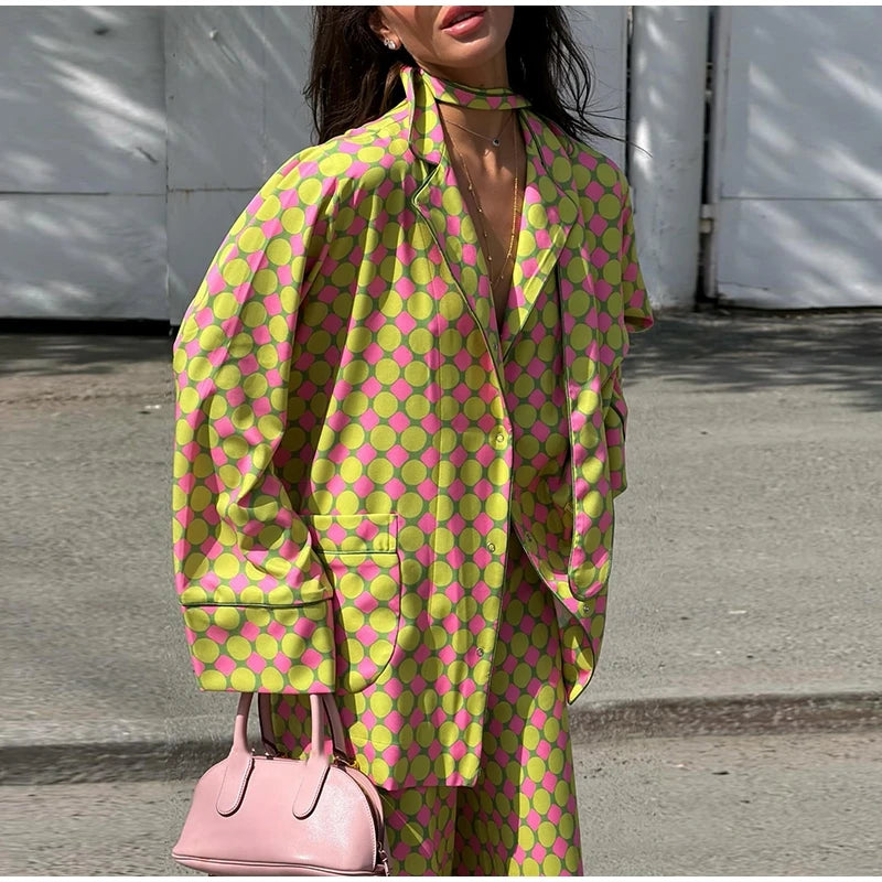 Geometric Printed Wide Leg Loose Pants Set for Women