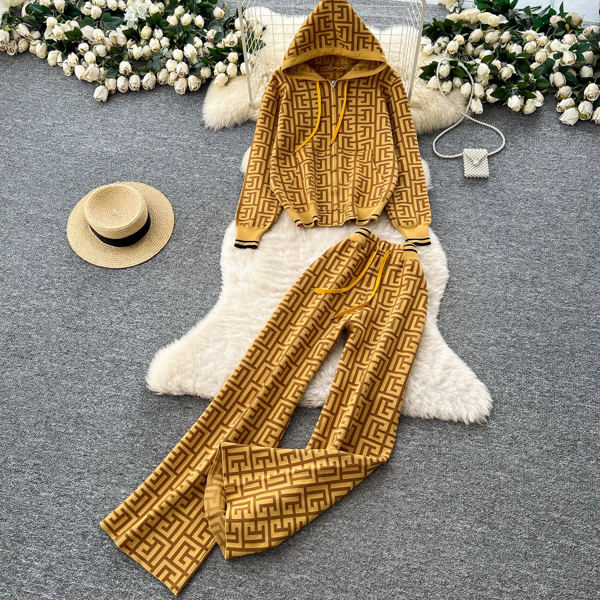 Geometric Print Hooded Knit Two Piece Set for Women