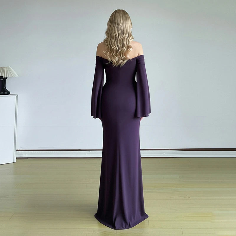 2026 Sexy Backless Draped Party Dress Elegant Strapless Flared Sleeves Evening Dress Women Fashion Hight Waist Solid Long Dress