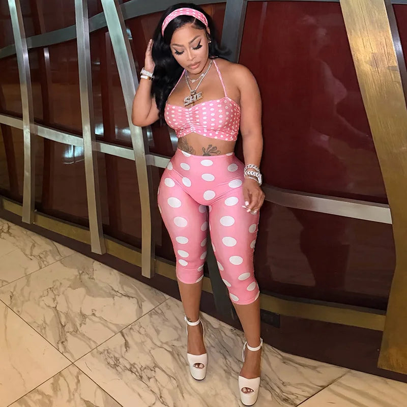 Polka Dot Two Piece Set with Halter Crop Top and Shorts for Women