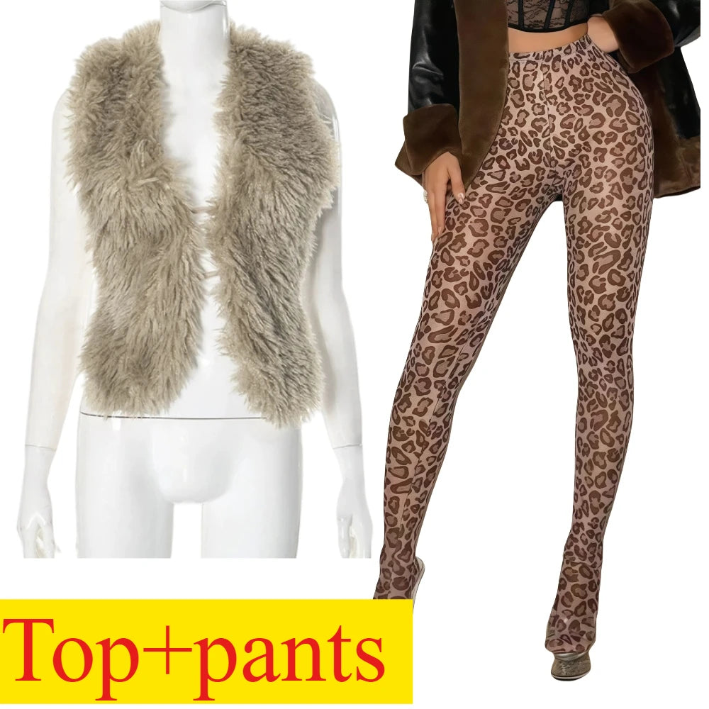 FAGADOER Sexy Fur Patchwork Woman 2 Piece Set Outfit Deep V Backless Lace Up Crop Top + Leopard Print Pants Female Streetwear