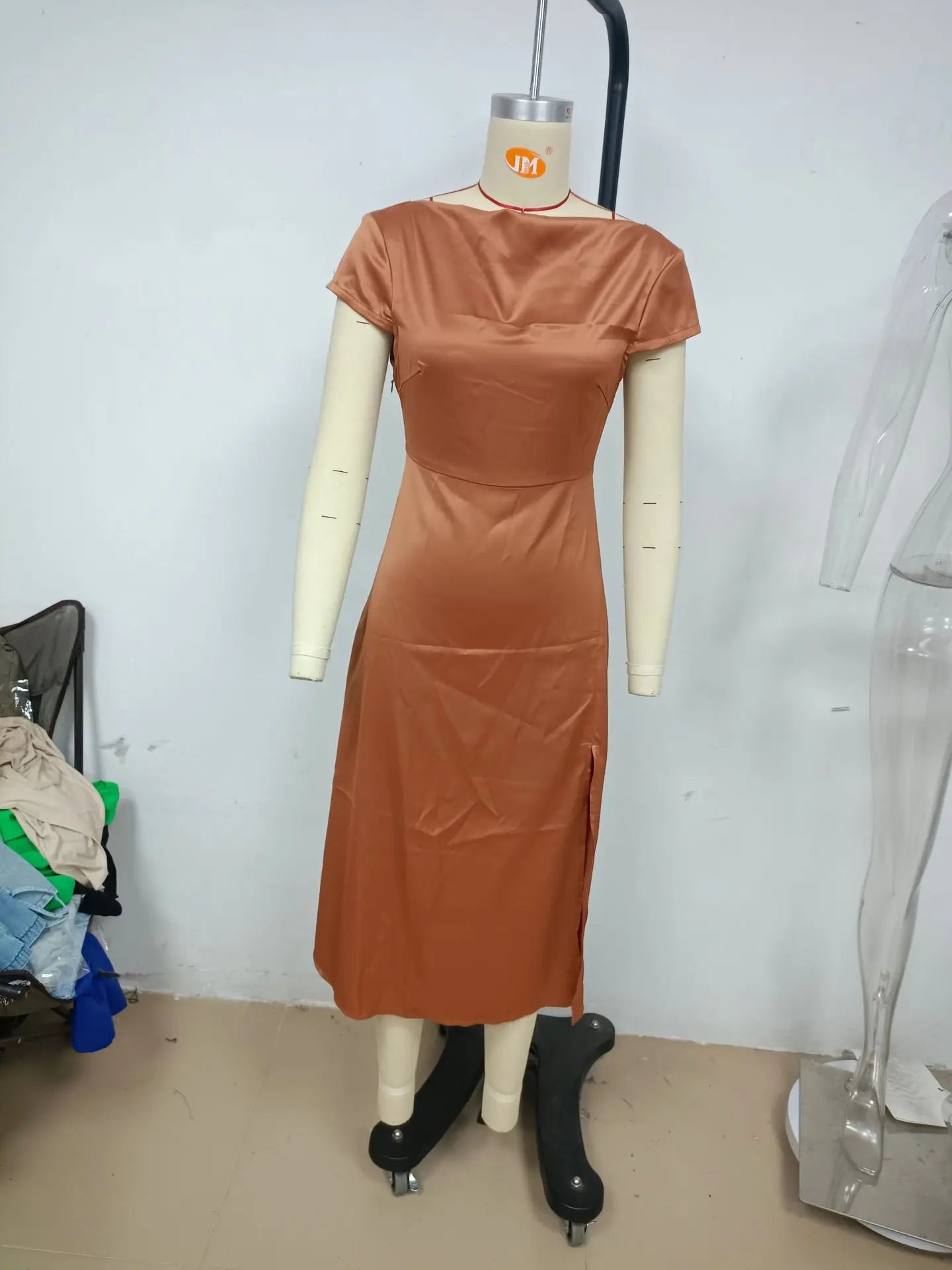 Elegant Solid Color Satin Slim Backless Slit Dress for Women
