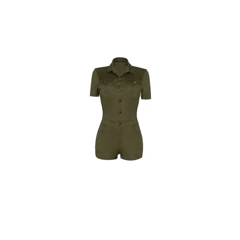Summer V Neck Mesh Cargo Short Jumpsuit for Women