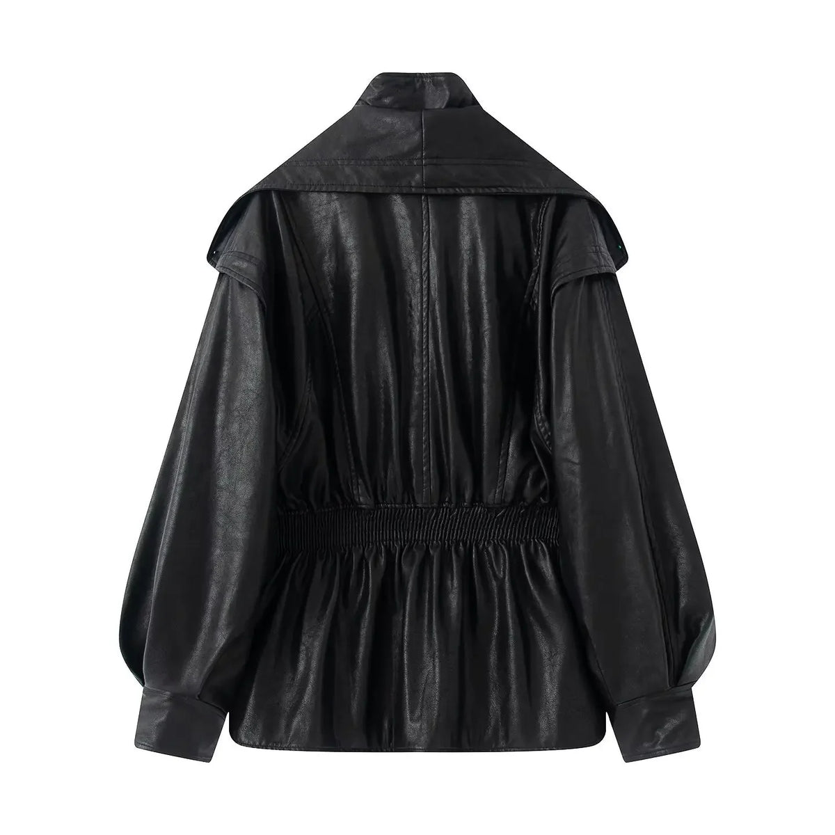 Cropped Oversized Black Leather Bomber Jacket for Women