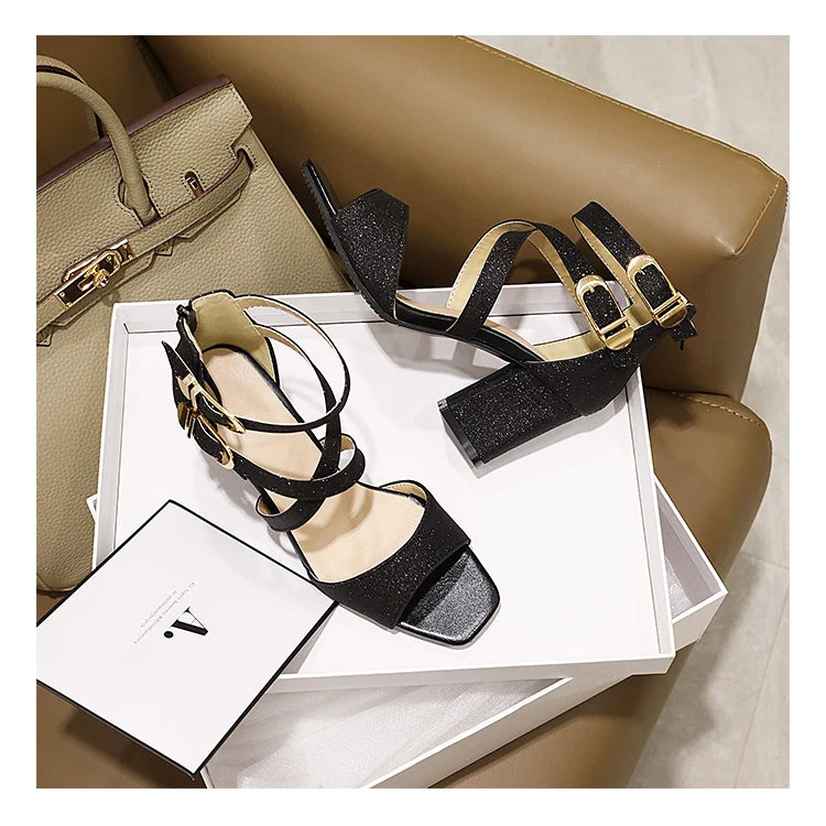 Square Heel Buckle Cross Strap Sandals