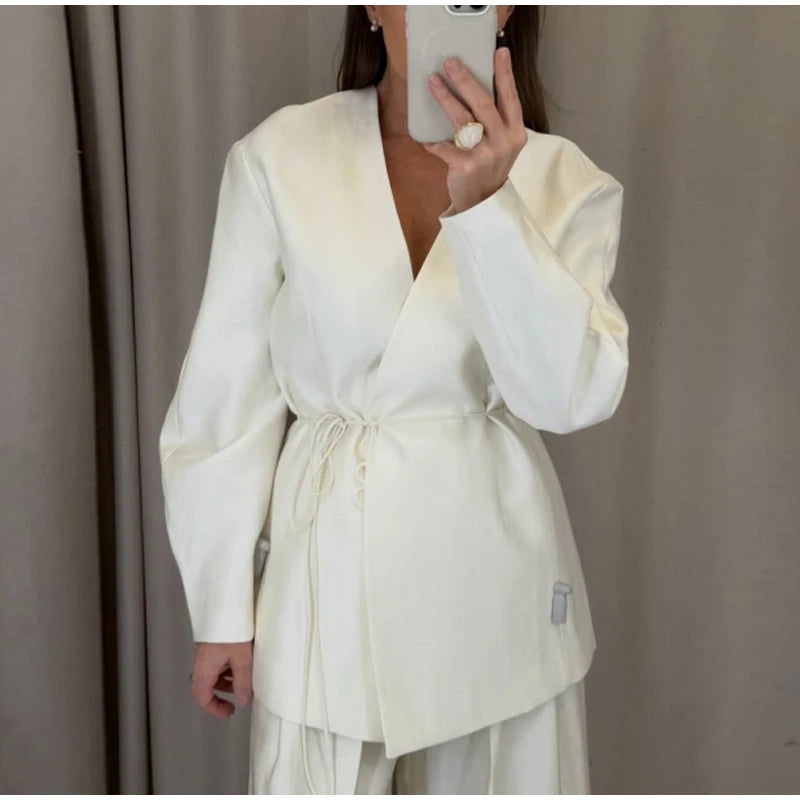 Lace Up Jacket and Wide Leg Pants Suit Set for Women