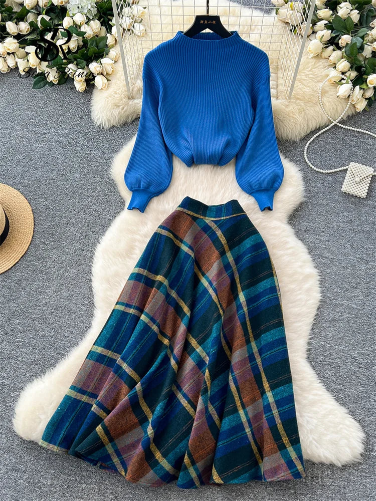 Plaid Knitted Sweater and Long Skirt Two Piece Set for Women