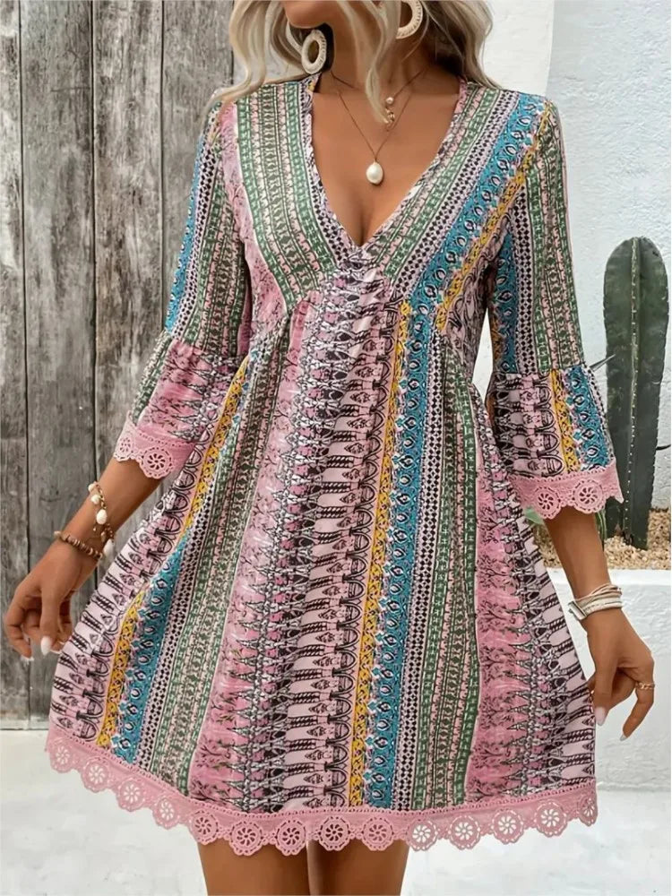 Vintage Floral Print V Neck Long Sleeve Dress For Women