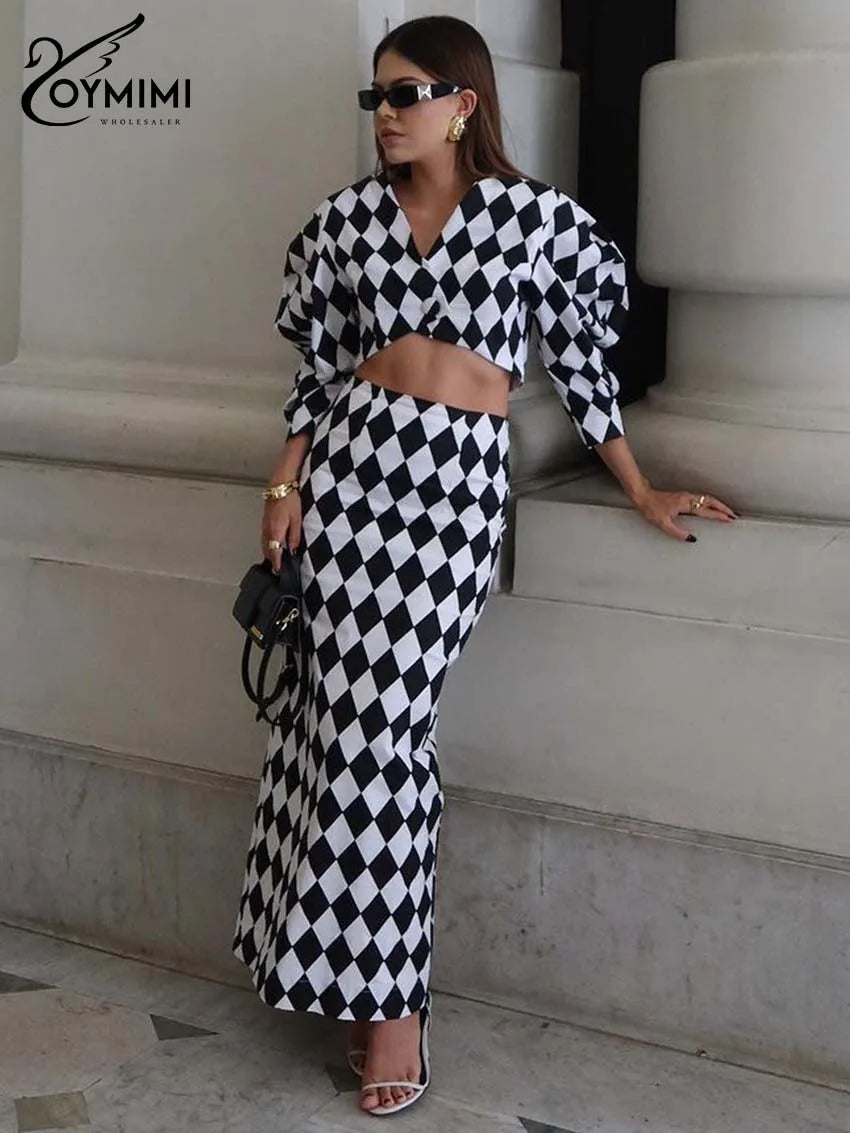 Oymimi Elegant White Print 2 Piece Sets Women Outfit Fashion V-Neck Button Three Quarter Sleeve Crop Shirt + Straight Skirts Set