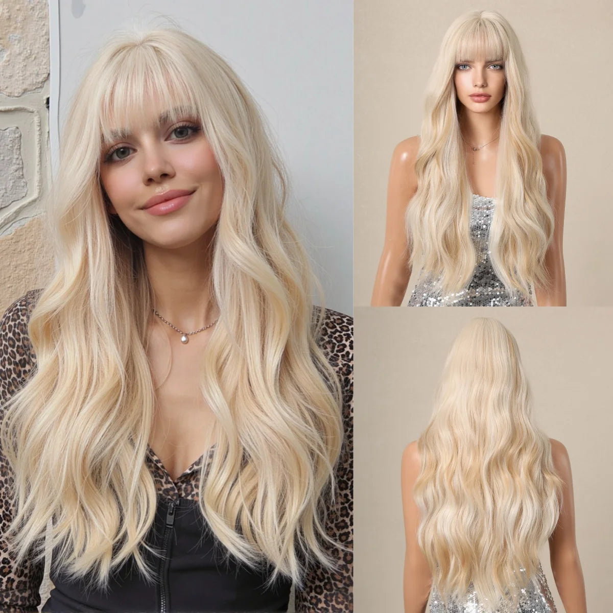 Ombre Blonde Long Wavy Wig With Bangs for Women
