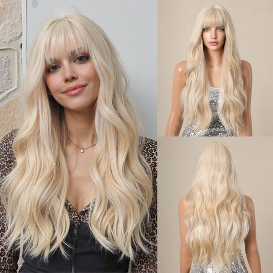 Ombre Blonde Long Wavy Wig With Bangs for Women