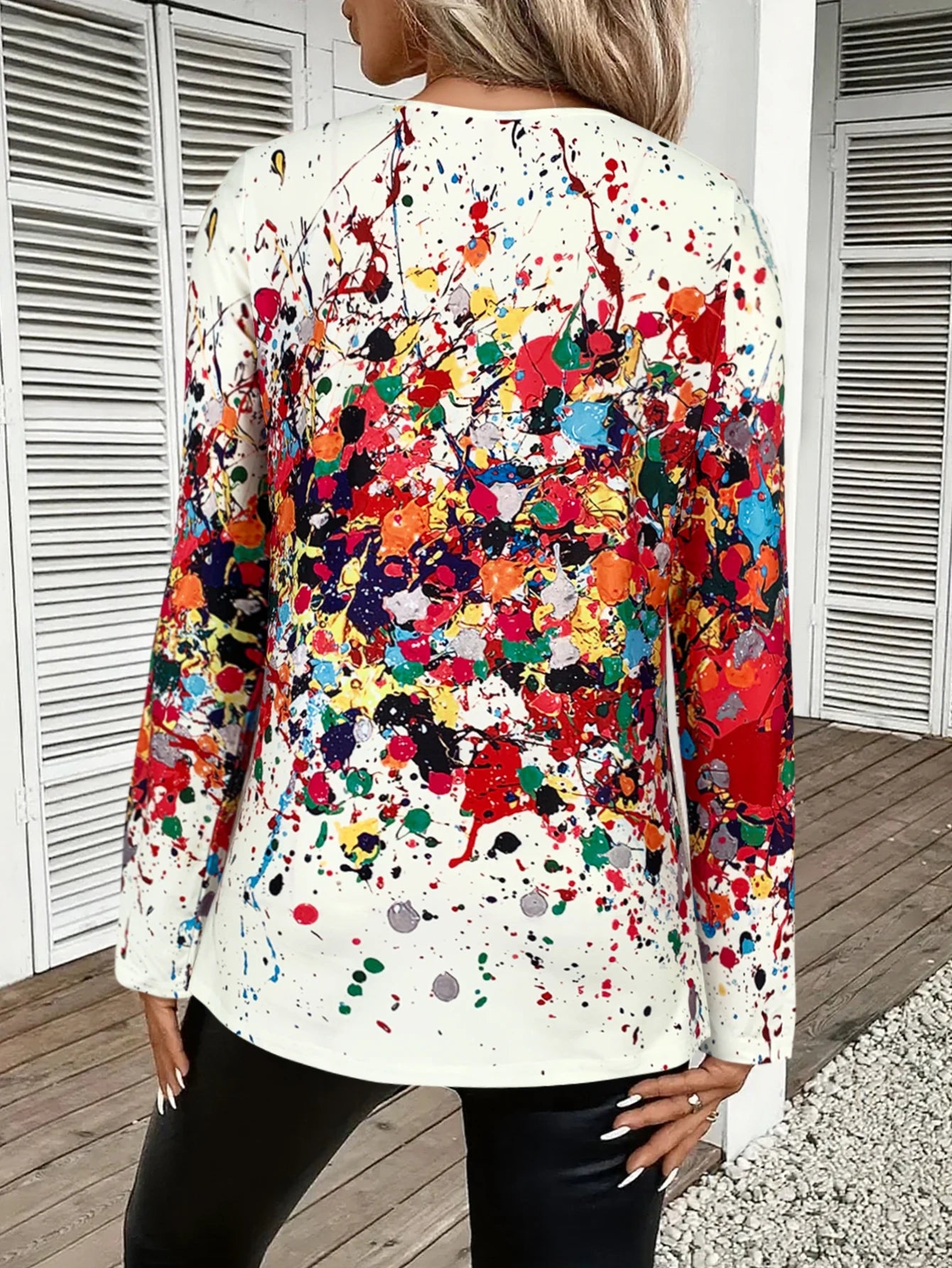 Women's Splatter Print Long - Sleeve T - Shirt, Round Neck, Multicolor Design, Great for Everyday & Fashion - forward Looks