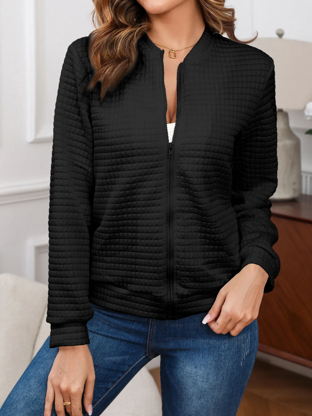 Lightweight Waffle Textured Zip Up Bomber Jacket for Women