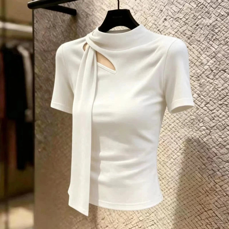 Elegant Hollow Out Slim Fit Short Sleeve Tee For Women