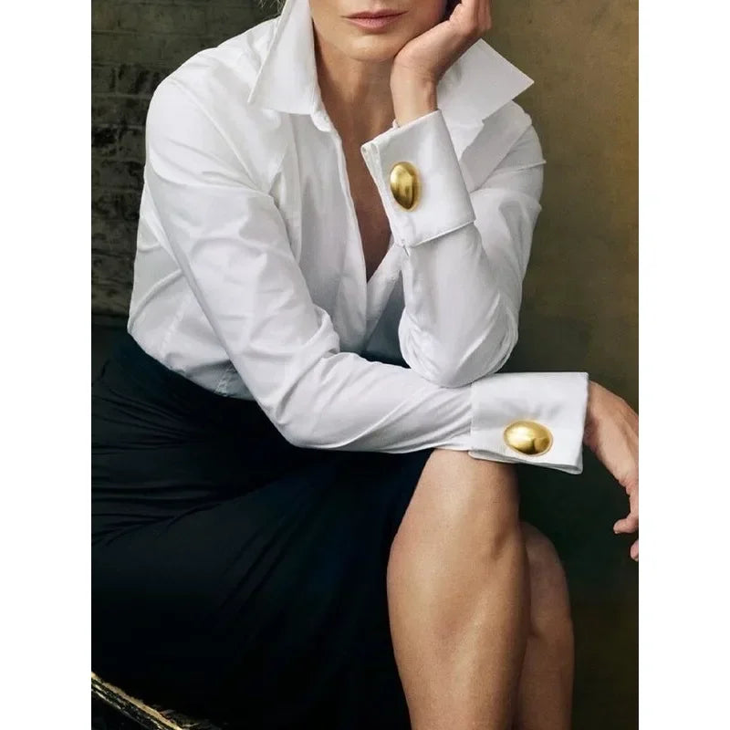 Krisstarsgirls Women's Blue Shirts Office Lady Long Sleeves Classic Tops 2025 New Summer Spring Clothing Blouses for Woman