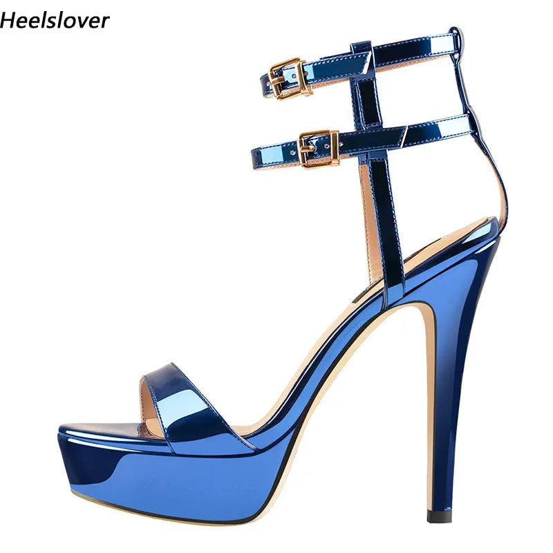 Glossy Blue Open Toe Platform Stiletto Sandals For Women