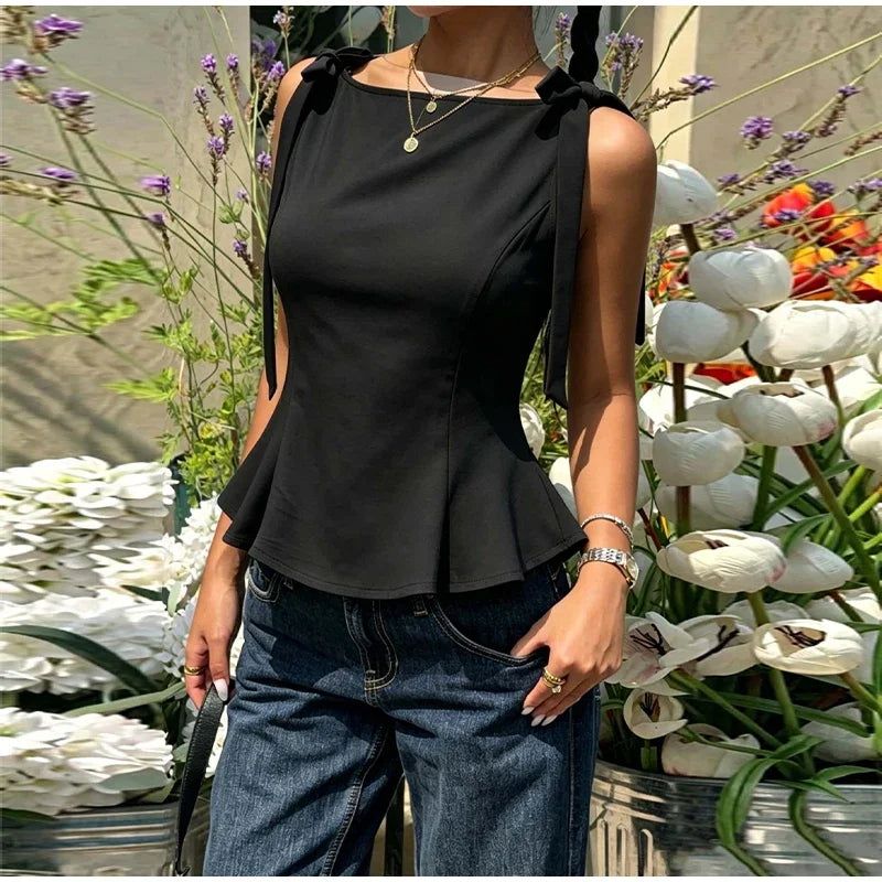 Lace Up Bow Detail Round Neck Sleeveless Top For Women