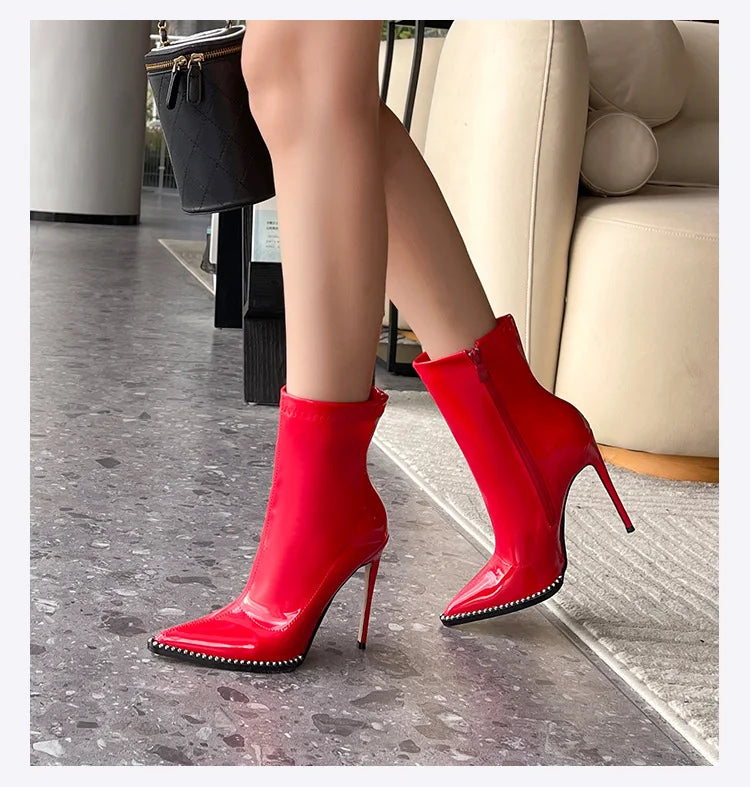 Elegant Rhinestone Bordered Side Zipper High Heel Ankle Boots for Women