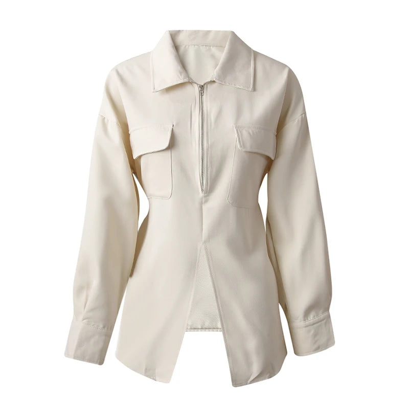 [EAM] Women Beige Zipper Pocket Back Bandage Blouse New Lapel Long Sleeve Loose Fit Shirt Fashion Spring Autumn 2025 1DF1491