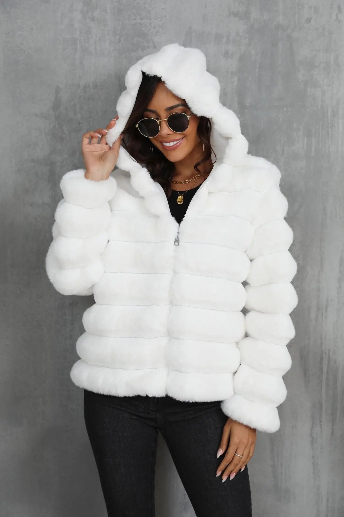 Warm Hooded Short Faux Fur Coat With Turn Down Collar for Women