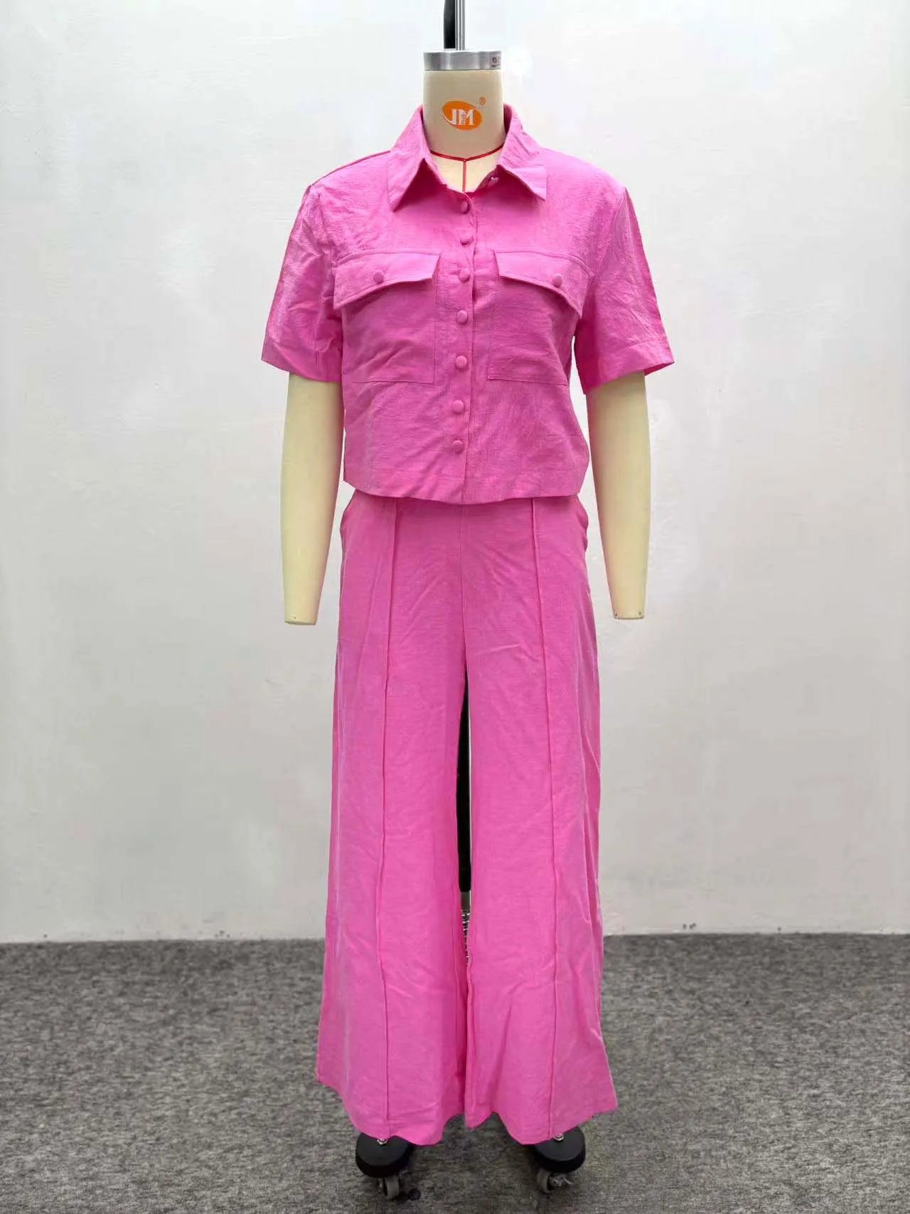 Two Pieces Women Pant Sets Solid Matching Sets Pocket Button Short Sleeve Top Empire Waist Wide Leg Pants Loose Fit 2025 Summer