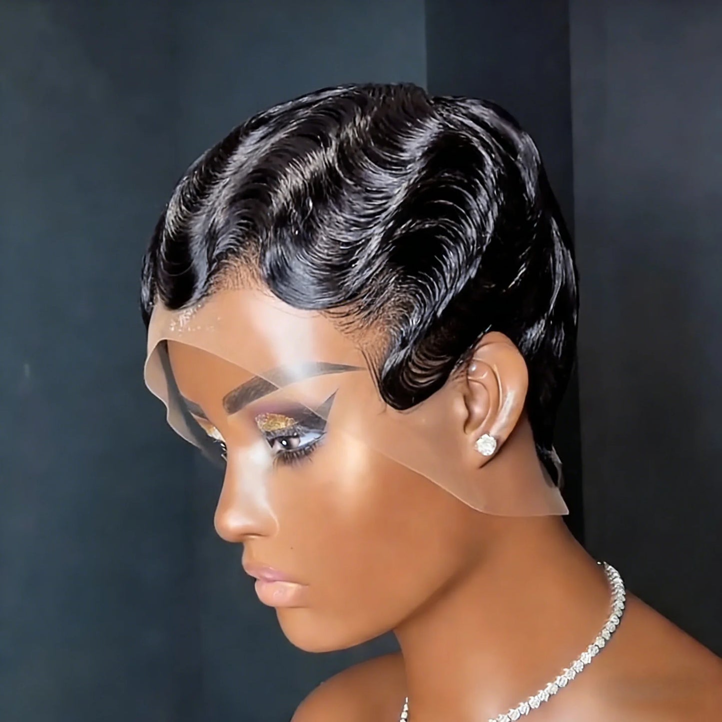 Short Pixie Cut Human Hair Wig with Finger Wave Texture 99j 4 black 13x4 Transparent Lace Front Pre-Plucked Hairline  Wig