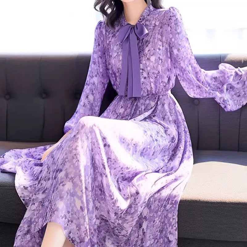 Floral Chiffon Bow Long Sleeve Dress