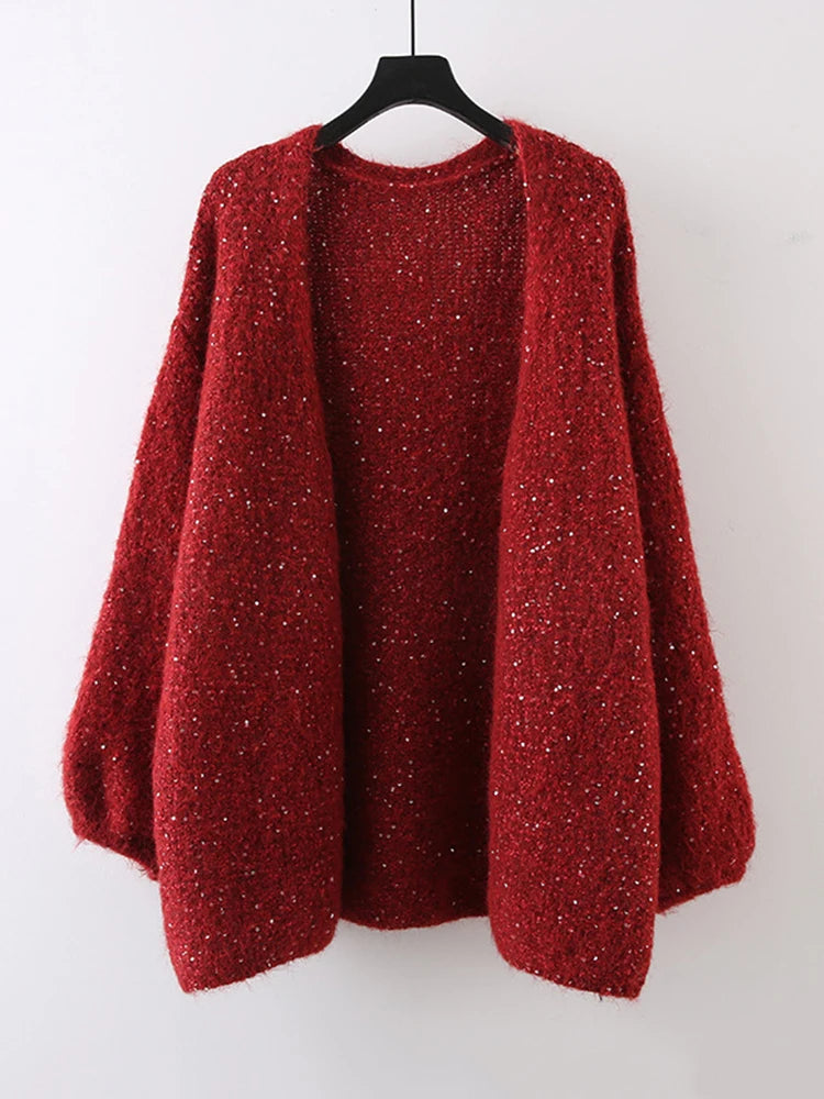 [EAM] Red Sequins Big Size Casual Knitting Cardigan Sweater V-Neck Long Sleeve Women New Fashion Tide Spring Autumn 2025 1DJ3382