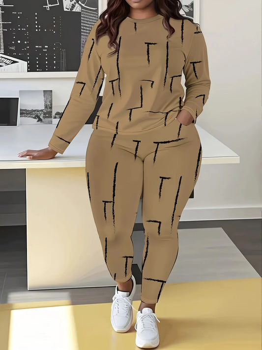 Women's Plus Size Casual Outfit: Comfortable Long Sleeve Crewneck Top and Geometric Print Pants Set - Medium Stretch, Machine Wa