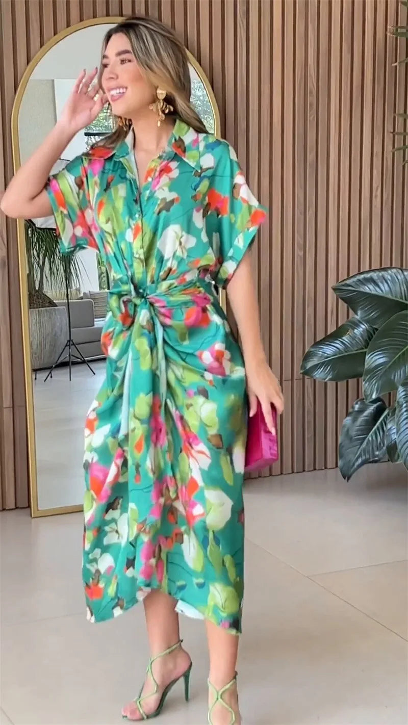 Printed Button Front Ankle Length Shirt Dress with Belt for Women
