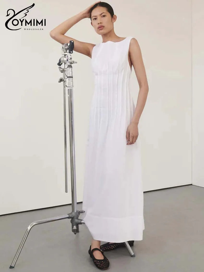 Oymimi Casual White Cotton Womens Dresses Fashion O-Neck Sleeveless Solid Dresses Elegant Open Back Ankle-Length Dress Female