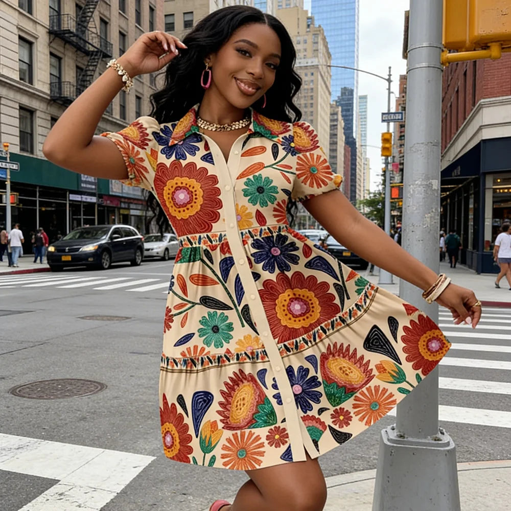 Vintage Floral Print Ruffle Mini Shirt Dress for Women