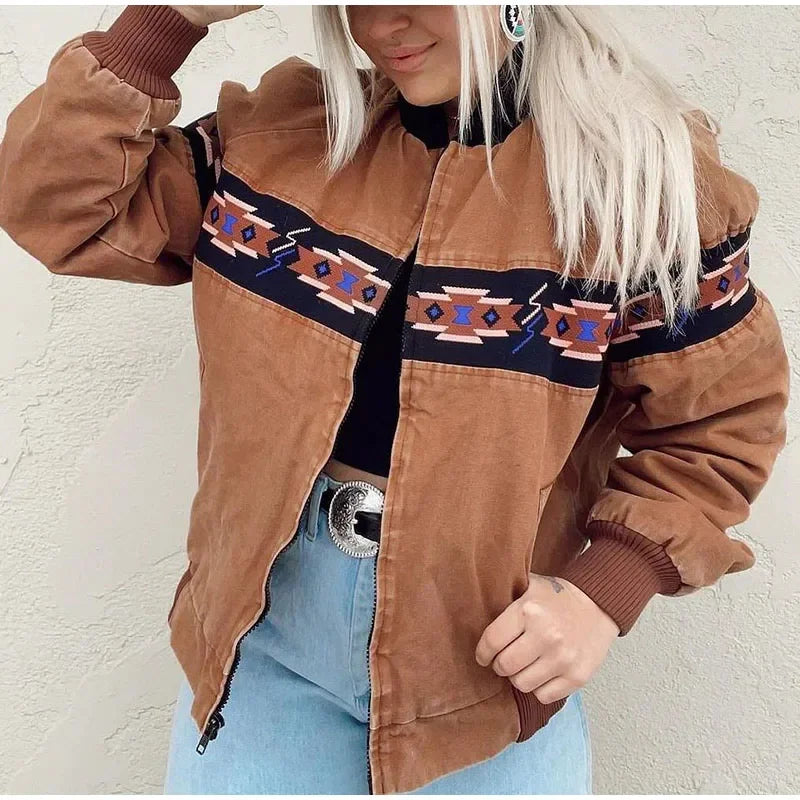 Printed Zippered Stand Collar Lightweight Jacket for Women
