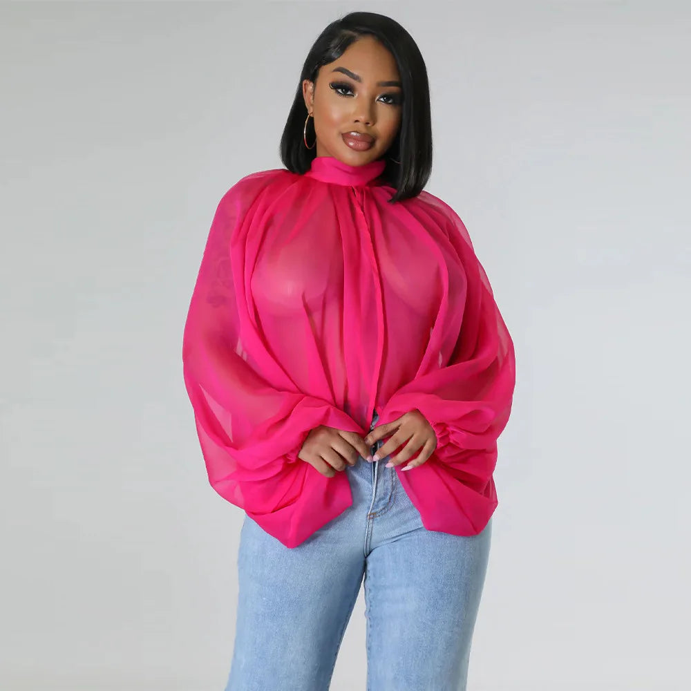 Sheer Lantern Sleeve Blouse with Tie Back for Women