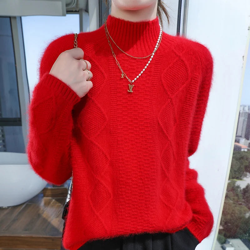 Floral Jacquard Long Sleeve High Neck Knit Sweater for Women