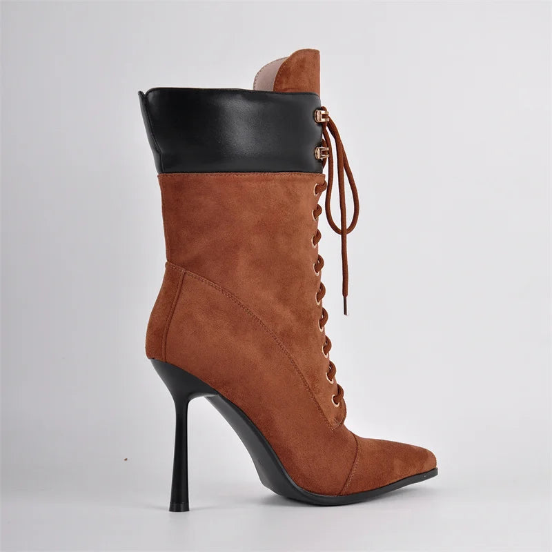 Pointed Toe Lace Up Stiletto Mid Calf Boots for Women