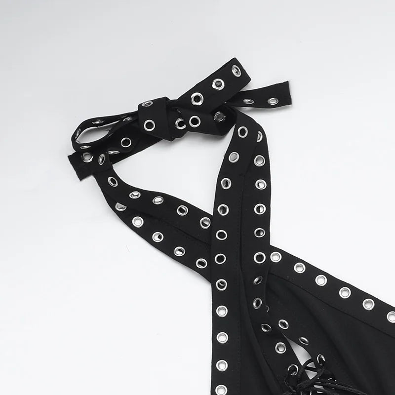 Sexy Halter Backless Black Jumpsuit Woman Elegant Sleeveless Lace-up Hollow Out Bandage One Pieces Romper Night Club Outfit