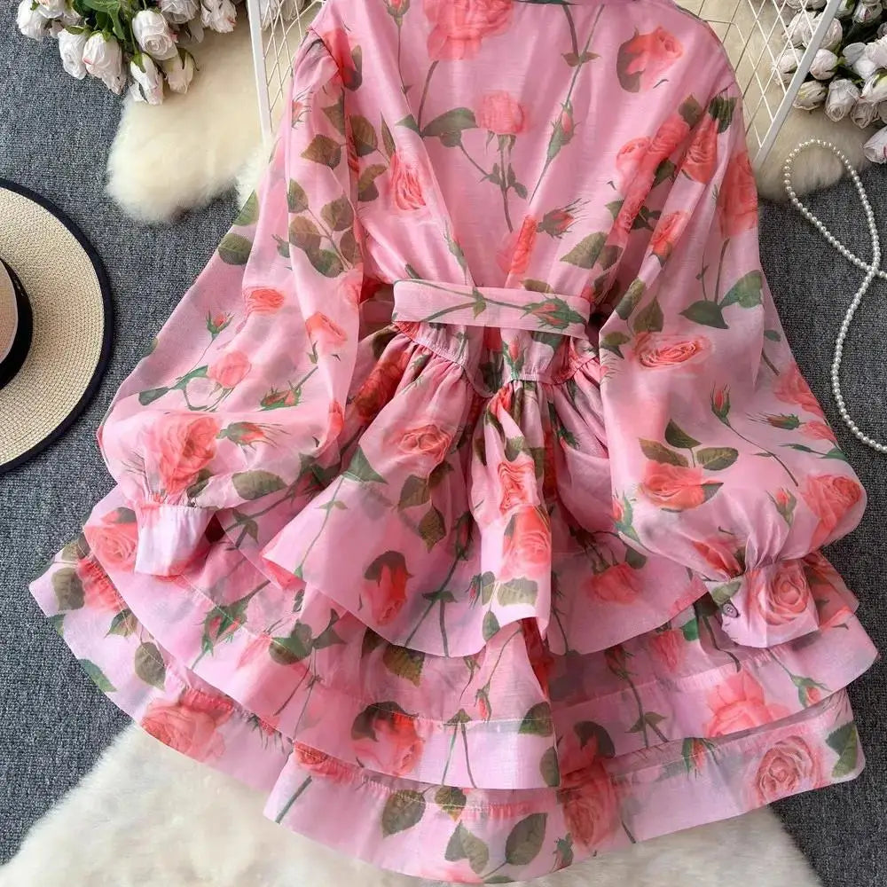 Women Lantern Sleeve Floral Print Lace Up Belt Summer Ball Gown Cute Dress Holiday Gorgeous Flower Ruffles Layer Cake Mini Dress